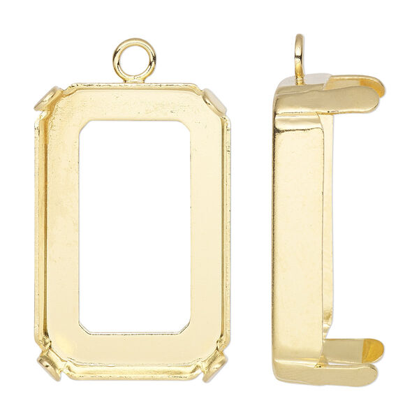 Drop, gold-plated brass, 28x19.5mm rectangle with closed loop and 27x18.5mm 4-prong faceted rectangle setting (4627) with open back. Sold per pkg of 4. image number 0