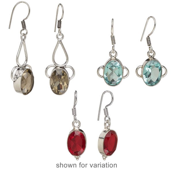 Earring mix 1pkg6, glass with silver- and antique silver-finished brass, mixed colors, 1-1/4 inch to 1-3/4 inch oval and teardrop with fishhook ear wire. 3 pairs. image number 2