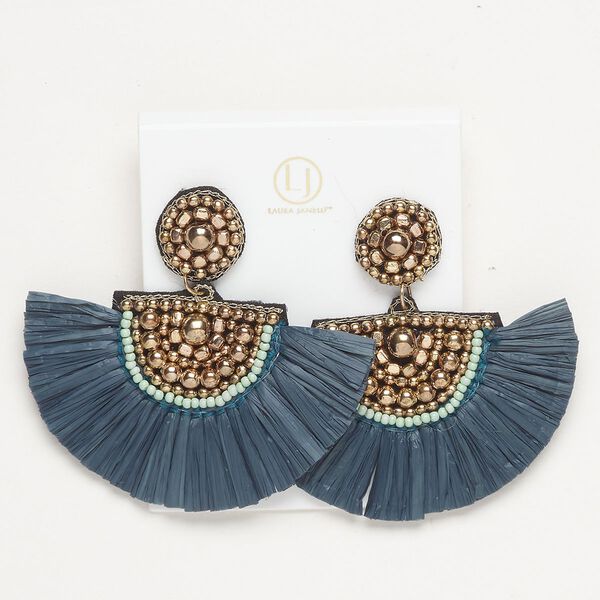 Earring 1pkg2 acrylic / paper / brass-finished brass and stainless steel, teal and light blue, 2-1/2 inches with beading and fan fringe with earstud, 1 pair. image number 0