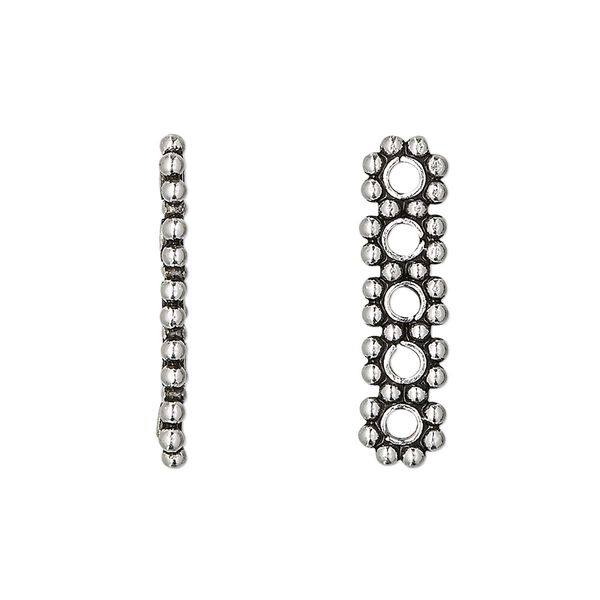 Spacer bar, antiqued sterling silver, 24x6mm 5-strand beaded rectangle, 5mm between holes. Sold per pkg of 2. image number 0