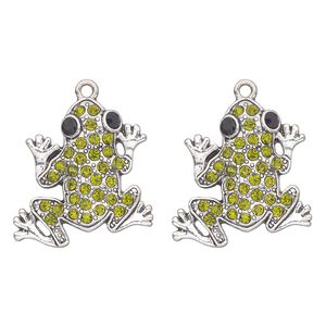 Charm, antique silver finish "pewter" (zinc-based alloy) and glass, green and black, 27x26mm single-sided frog. Sold per pkg of 2.