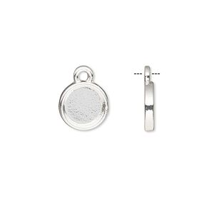Drop, silver-finished brass, 10mm single-sided round with 8mm round setting. Sold per pkg of 10.