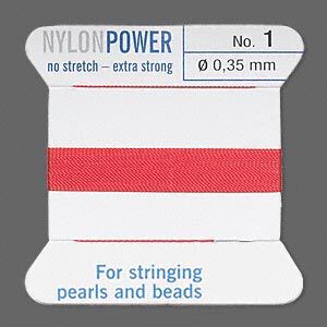 Thread, Griffin, nylon, red, size #1. Sold per 2-meter card (approximately 78 inches).