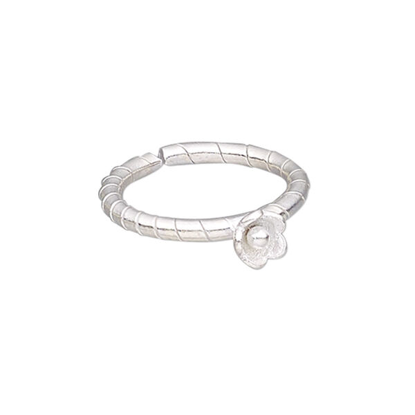 Ring, Hill Tribes, silver-plated copper, 6mm wide with 6mm flower, adjustable from size 7 to 9. Sold individually. image number 0