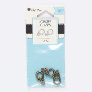 Clasp, lobster claw, antique brass-finished "pewter" (zinc-based alloy), 14x10mm with mosaic design. Sold per pkg of 3.