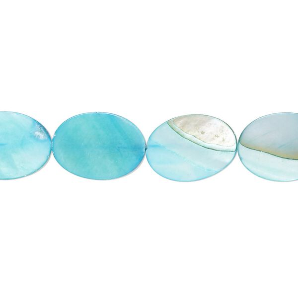 Bead, mother-of-pearl shell (dyed), aqua blue, 14x10mm-15x10mm flat oval with 0.6-1mm hole, Mohs hardness 3-1/2. Sold per 15-inch strand. image number 0