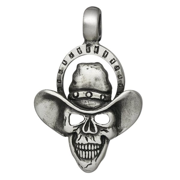 Pendant, antiqued pewter (tin-based alloy), 54x35mm drover skull. Sold individually. image number 0