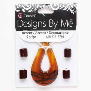 Focal and bead 1pkg5, lampworked glass, tanslucent brown and amber with copper-colored glitter and blue-colored foil, 48x29mm-52x31mm teardrop go-go / 10x8-11x9mm barrel.