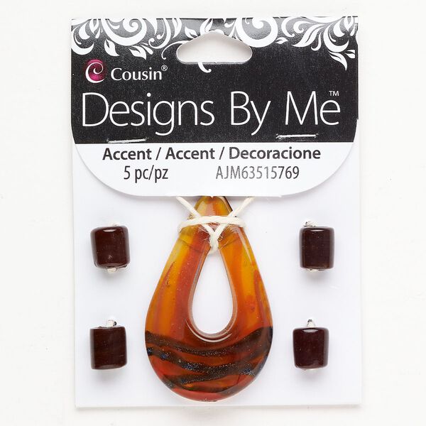 Focal and bead 1pkg5, lampworked glass, tanslucent brown and amber with copper-colored glitter and blue-colored foil, 48x29mm-52x31mm teardrop go-go / 10x8-11x9mm barrel. image number 0