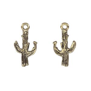 Charm, antique gold-plated pewter (tin-based alloy), 18x11mm two-sided cactus. Sold per pkg of 2.
