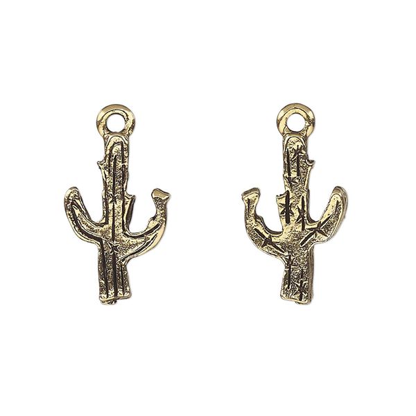 Charm, antique gold-plated pewter (tin-based alloy), 18x11mm two-sided cactus. Sold per pkg of 2. image number 0