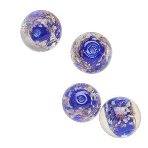Bead, lampworked glass, clear / cobalt blue / glow-in-the-dark / gold, 14mm round. Sold per pkg of 4.