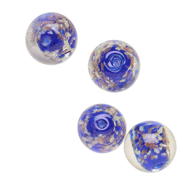Bead, lampworked glass, clear / cobalt blue / glow-in-the-dark / gold, 14mm round. Sold per pkg of 4. image number 0