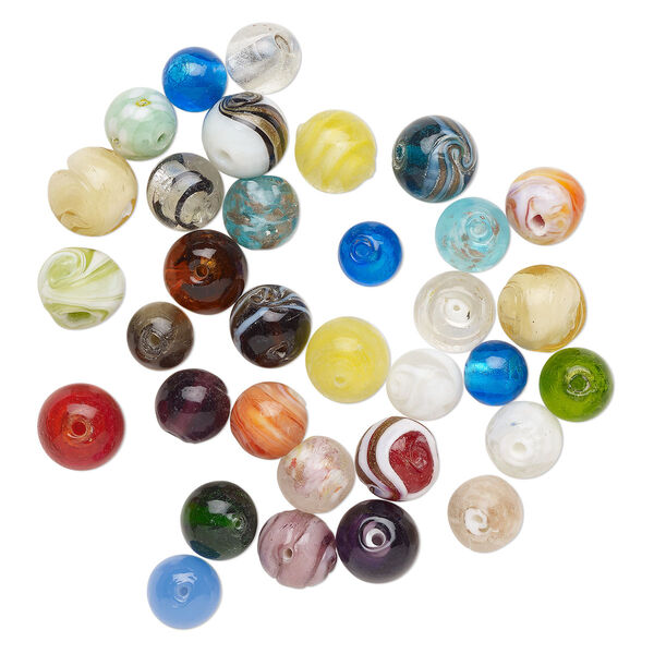 Bead mix, lampworked glass, pkg/4 ounces, opaque to transparent mixed colors with silver-colored foil and copper-colored glitter, 12-17mm round. image number 0