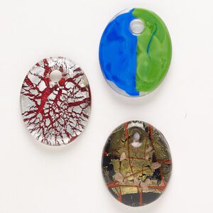 Random focal mix, lampworked glass, pkg/3, opaque mixed colors with silver-colored foil and copper-colored glitter, 42x31mm-47x38mm top-drilled oval.