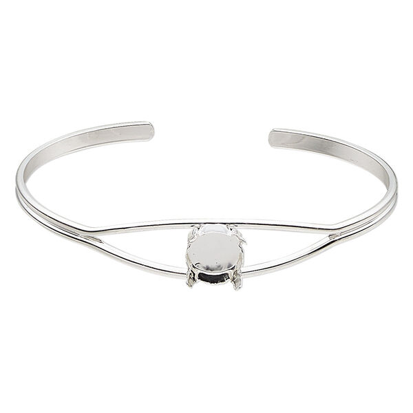 Bracelet, cuff, silver-finished brass, 11mm wide with SS47 4-prong rivoli setting, 8 inches. Sold individually. image number 0