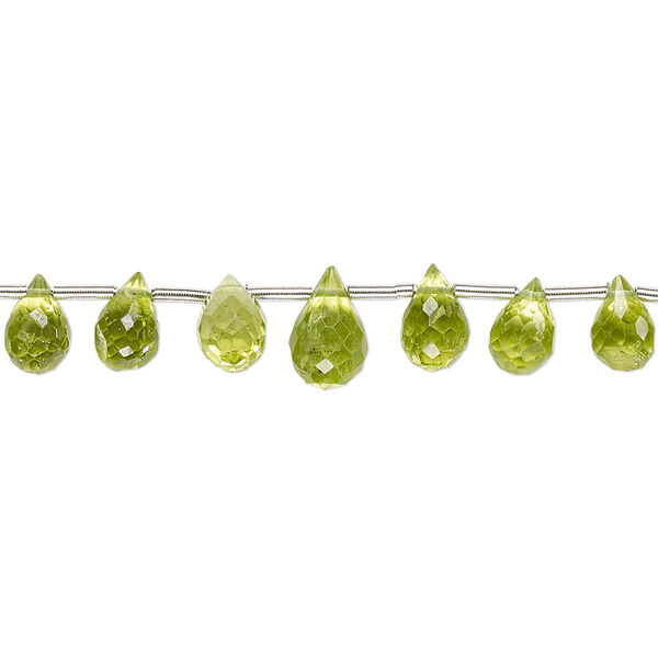 Bead, peridot (natural), 5x3mm-8x5mm graduated hand-cut top-drilled faceted briolette, B grade, Mohs hardness 6-1/2 to 7. Sold per 4-inch strand, approximately 15 beads. image number 0
