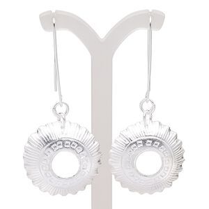 Earring, Hill Tribes, silver-plated copper, 2-3/4 inches with open round and line with square design and ear wire. Sold per pair.