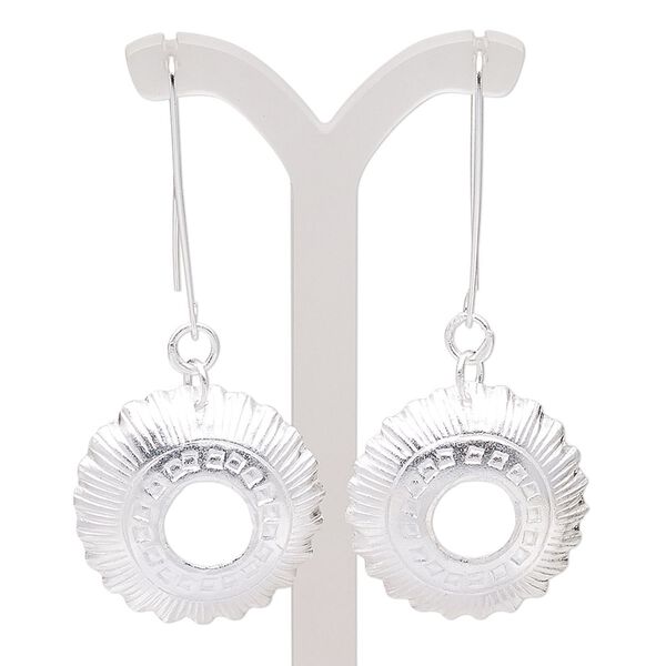 Earring, Hill Tribes, silver-plated copper, 2-3/4 inches with open round and line with square design and ear wire. Sold per pair. image number 0