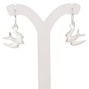 Earring, sterling silver, 14x11.5mm single-sided textured flying bird with fishhook ear wire, 24x14mm overall. Sold per pair.