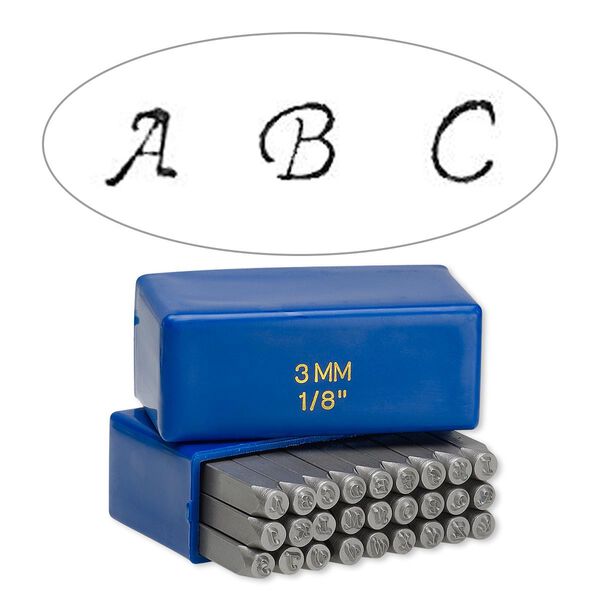 Stamp punch, steel and plastic, blue, 2-3/8 x 1/4 inch square tube with 1/8 inch alphabet letters A-Z and "&" symbol. Sold per 27-piece set. image number 0