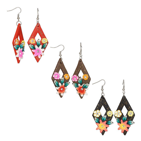 Earring mix, polymer clay / glass rhinestone / silver-plated steel, multicolored, 3 inches with diamond and flower design with fishhook ear wire. Sold per pkg of 3 pairs. image number 0