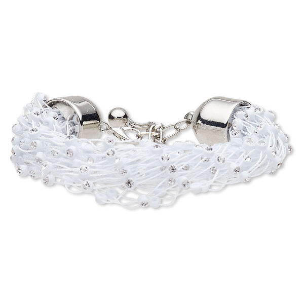 Bracelet, glass rhinestone / acrylic / nylon / silver-coated plastic / silver-finished steel, white and clear, 20mm wide, 6 inches with 2-inch extender chain and lobster claw clasp. Sold individually. image number 0