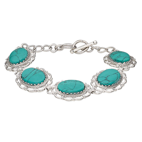 Magnesite / brass / steel 1pkg1, silver-plated oval bracelet / 6.5-7 inch / toggle clasp / 23mm image number 0
