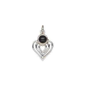 Black onyx / sterling silver 1pkg1, antiqued heart drop 14x11mm