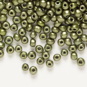 Seed bead glass 1pk #6 round, opaque metallic green 100 gram