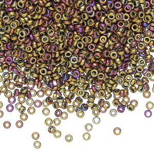 Seed bead, Miyuki, glass, pkg/250g, 2.2x1mm spacer rondelle, opaque iris purple and gold, (SPR2.2-188).