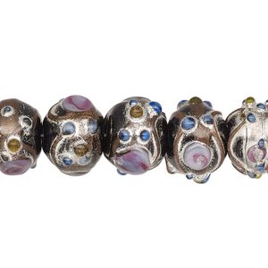 Bead, lampworked glass, opaque black and multicolored with silver- and gold-colored foil, 13x11mm rondelle. Sold per pkg of 30.