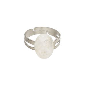 Ring 1pkg1 steel / mother-of-pearl shell, 13x10mm oval, bleached/assembled silver finish / white