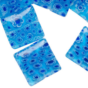 Millefiori glass 1pkg2oz, puffed square bead translucent aqua / dark blue / white 18mm