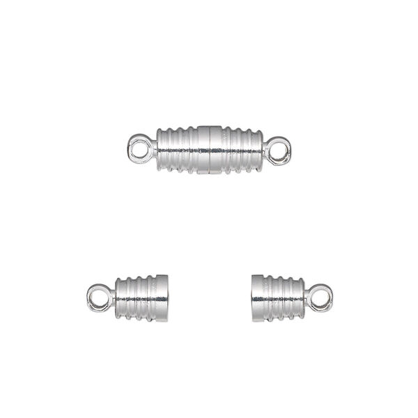 Clasp, magnetic, silver-finished brass, 11x5mm ribbed barrel. Sold per pkg of 100. image number 0