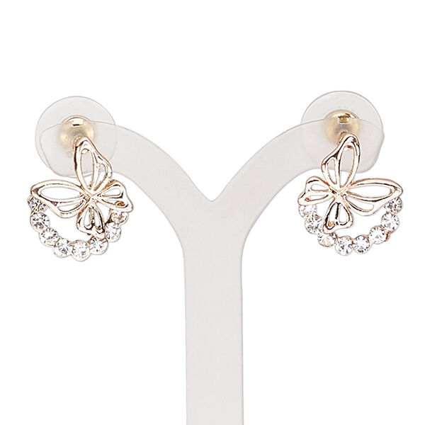 Earring, glass rhinestone / stainless steel / rose gold-finished "pewter" (zinc-based alloy), clear, 17mm with butterfly and post. Sold per pair. image number 0