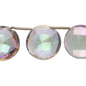 Quartz crystal 1pkg11, rainbow hand-cut top-drilled faceted puffed flat round bead 15-18mm