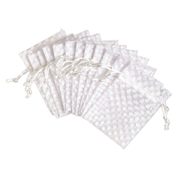 Pouch, organza, white, 4x3 inches with dots pattern and drawstring closure. Sold per pkg of 12. image number 0