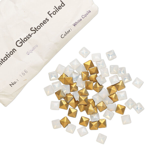 Embellishment, vintage glass, white opal, 8mm faceted square fancy stone. Sold per pkg of 144 (1 gross). image number 0