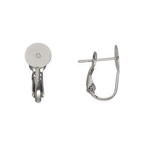 Earring 1pkg4, 17mm hinged earstud / 8mm flat pad / 8mm round setting, 21 gauge stainless steel 2 pair
