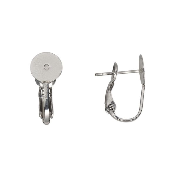 Earring 1pkg4, 17mm hinged earstud / 8mm flat pad / 8mm round setting, 21 gauge stainless steel 2 pair image number 0