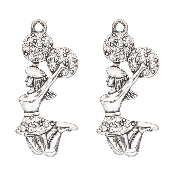 Focal, antique silver-finished "pewter" (zinc-based alloy) and glass, clear, 31x16mm single-sided cheerleader. Sold per pkg of 2. image number 0