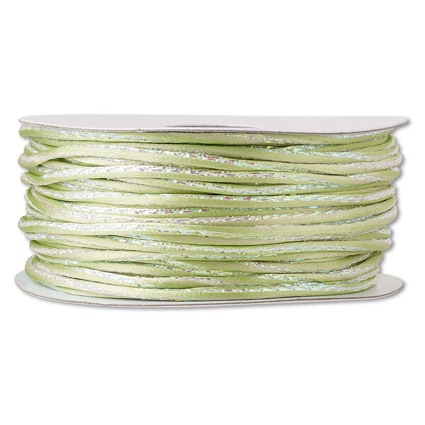 Cord, Satinique™, nylon and polyester, lime green / green / pink, 2mm regular with vertical stripe. Sold per 100-foot spool. image number 0