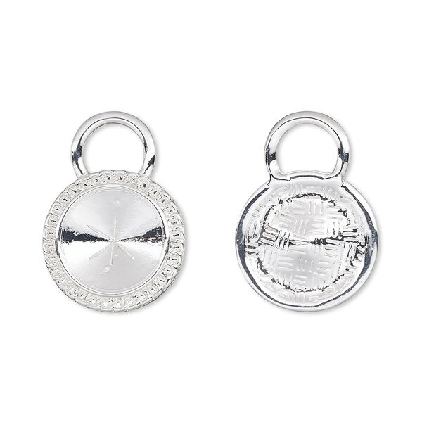 Drop, Almost Instant Jewelry®, silver-plated "pewter" (zinc-based alloy), 20mm round with rope edge and 14mm rivoli setting. Sold per pkg of 2. image number 0