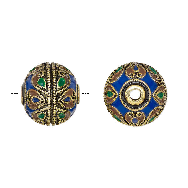 Bead, gold-finished brass and enamel, multicolored, 18.5x17mm rondelle with heart design. Sold individually. image number 0