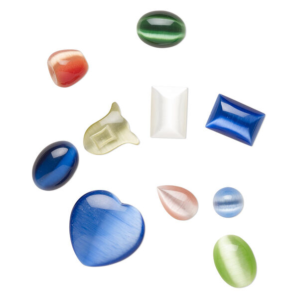 Component mix, cat's eye glass (fiber-optic glass), mixed colors, 2-31mm mixed shapes. Sold per pkg of 10. image number 0