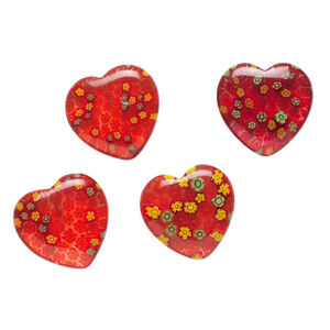 Bead, millefiori glass, translucent multicolored, 18-20mm half-drilled puffed heart with flower design. Sold per pkg of 4.