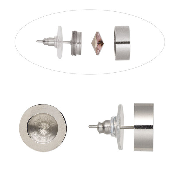 Earstud, Almost Instant Jewelry®, acrylic and stainless steel, 12mm round with SS39 rivoli bezel setting. Sold per pair. image number 0