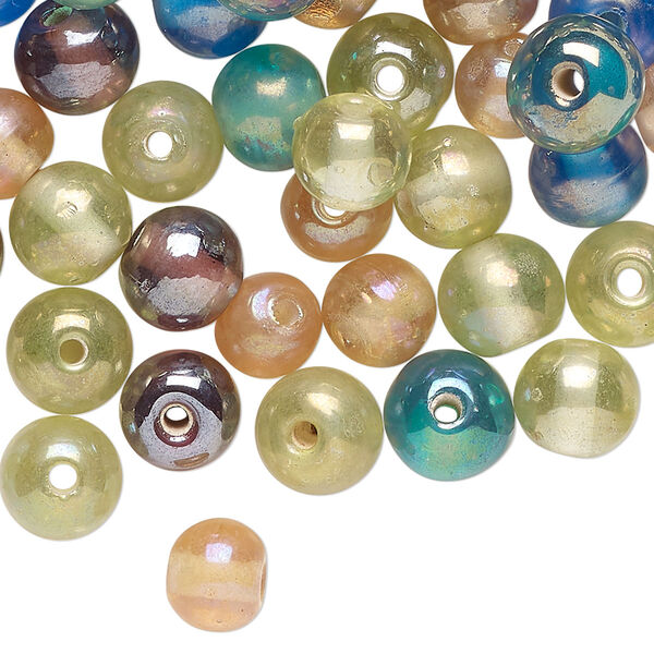 Bead mix, lampworked glass, opaque iridescent mixed colors, 8mm round. Sold per 2-ounce pkg, approximately 85 beads. image number 0