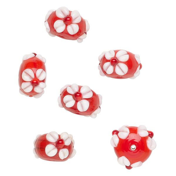 Bead, lampworked glass 1pkg6, opaque red / white, 18x11mm rondelle with flowers. image number 0